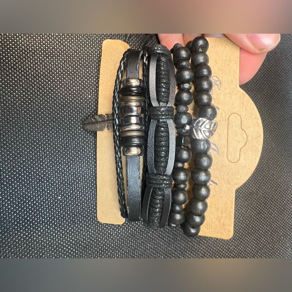Set of 5 Black Beaded and Leather Bracelets with Feather Charm - Picture 5 of 5